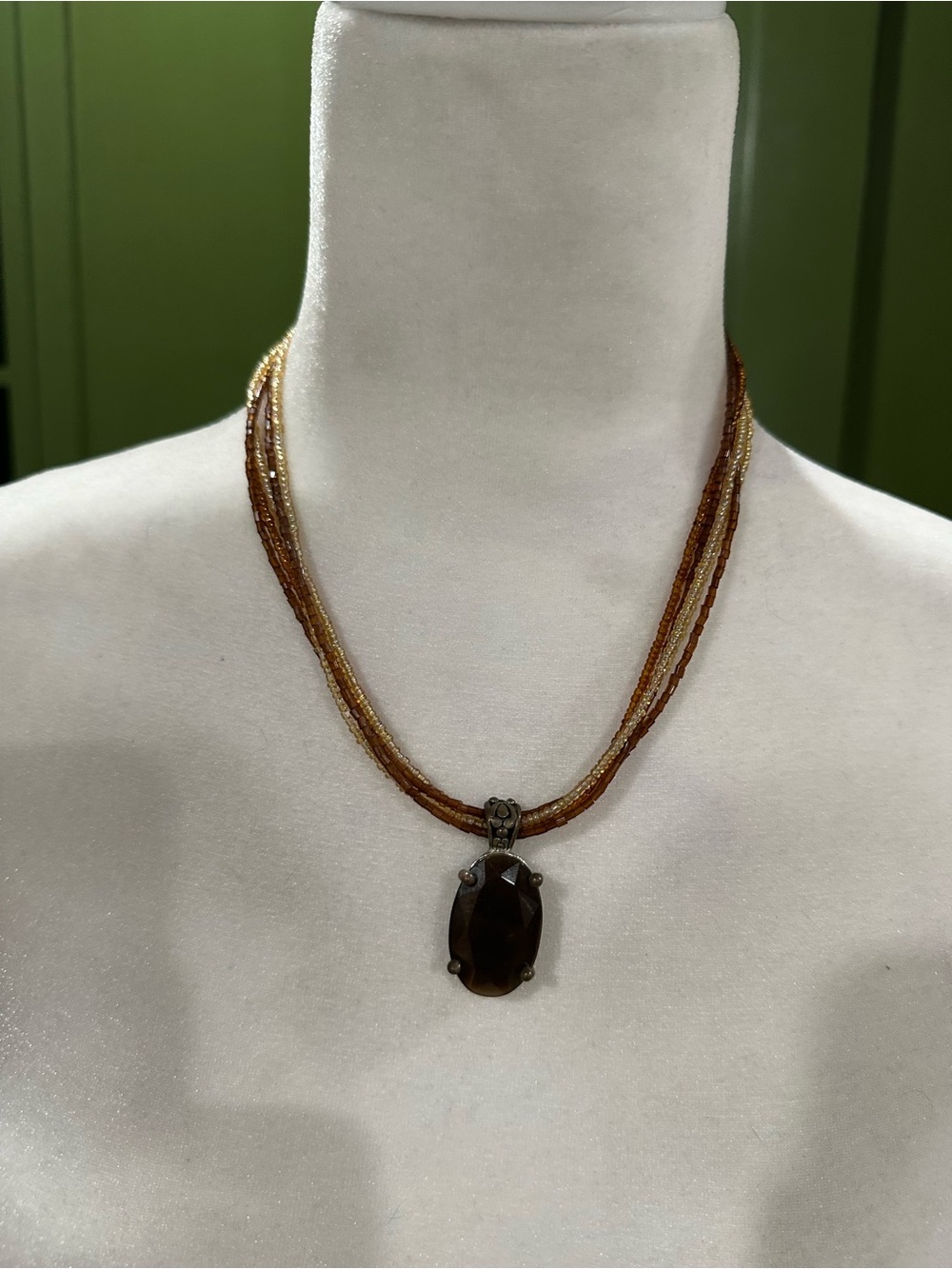 Premier Designs Multistrand Brown and Gold Beaded Necklace with Smoky Pendant
